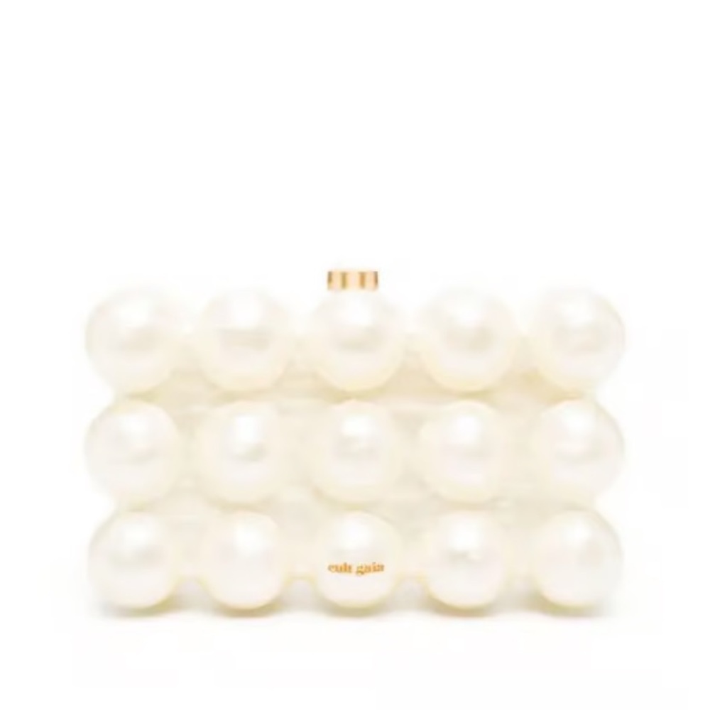 cult gaia Pearl Beaded Clutch in White with Gold Accent